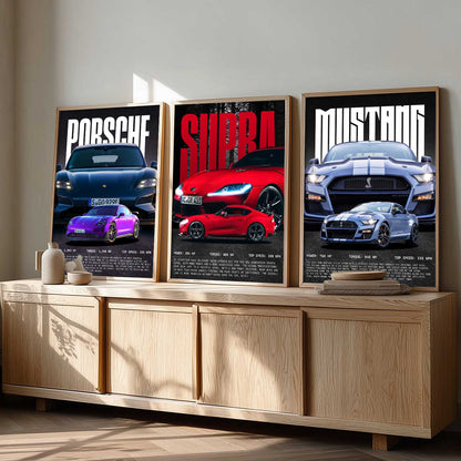 Big Porsche 911, Supra, Mustang Car Wall Art Paintings for Living Room Bedroom