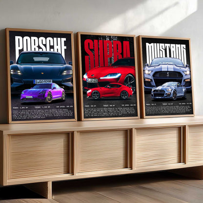 Big Porsche 911, Supra, Mustang Car Wall Art Paintings for Living Room Bedroom