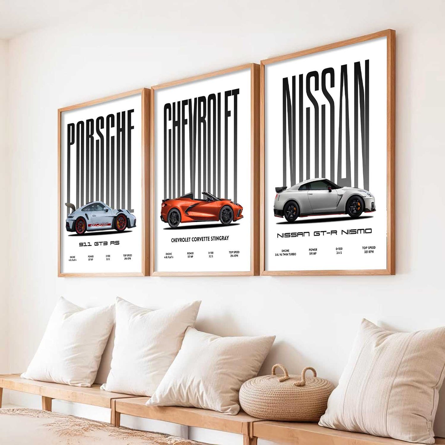 Big Porsche 911 GT3 RS, Chevrolet Corvette, Nissan GTR Car Wall Art Paintings for Living Room Bedroom