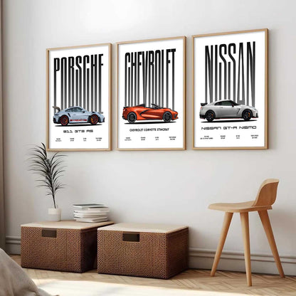 Big Porsche 911 GT3 RS, Chevrolet Corvette, Nissan GTR Car Wall Art Paintings for Living Room Bedroom