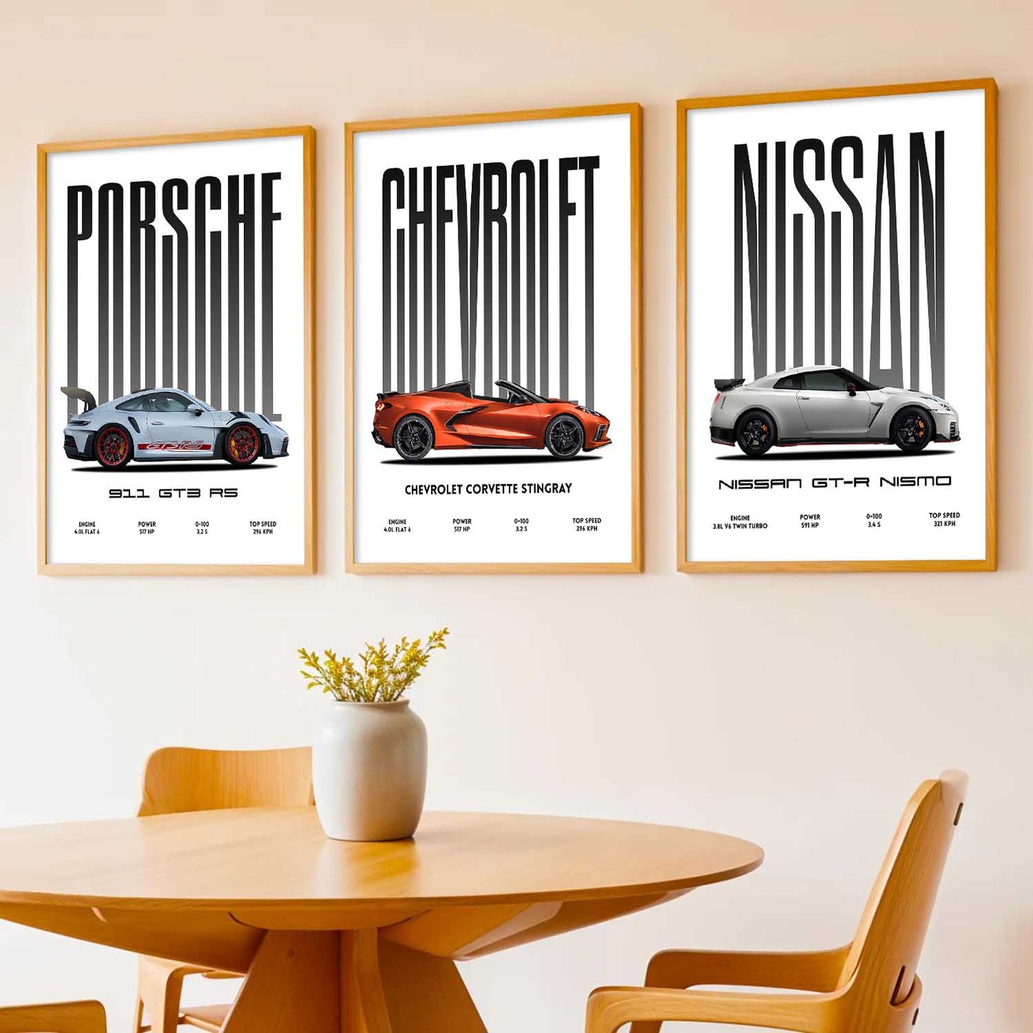 Big Porsche 911 GT3 RS, Chevrolet Corvette, Nissan GTR Car Wall Art Paintings for Living Room Bedroom
