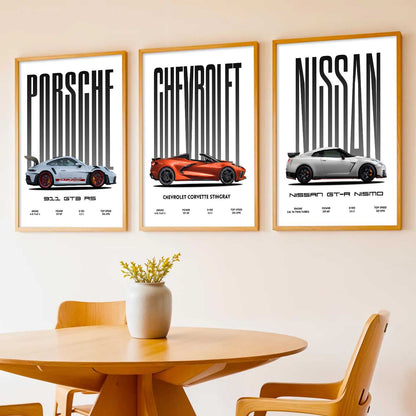 Big Porsche 911 GT3 RS, Chevrolet Corvette, Nissan GTR Car Wall Art Paintings for Living Room Bedroom