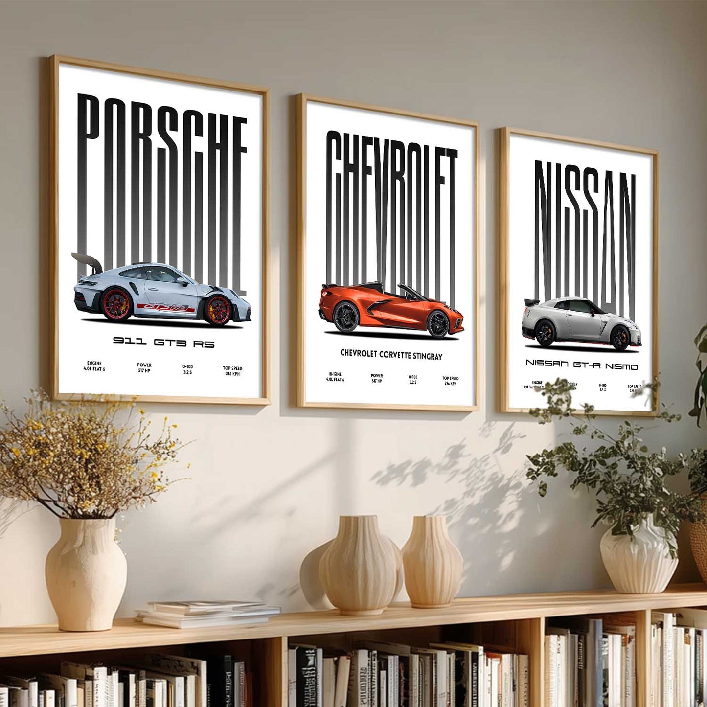 Big Porsche 911 GT3 RS, Chevrolet Corvette, Nissan GTR Car Wall Art Paintings for Living Room Bedroom