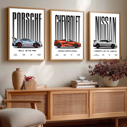Big Porsche 911 GT3 RS, Chevrolet Corvette, Nissan GTR Car Wall Art Paintings for Living Room Bedroom