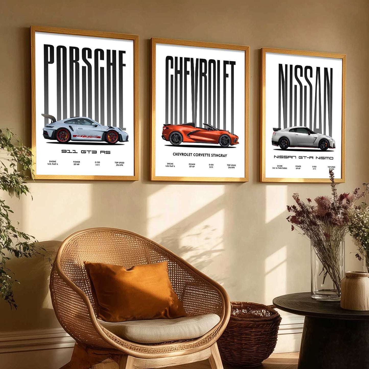 Big Porsche 911 GT3 RS, Chevrolet Corvette, Nissan GTR Car Wall Art Paintings for Living Room Bedroom