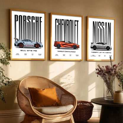Big Porsche 911 GT3 RS, Chevrolet Corvette, Nissan GTR Car Wall Art Paintings for Living Room Bedroom