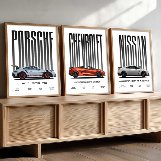 Big Porsche 911 GT3 RS, Chevrolet Corvette, Nissan GTR Car Wall Art Paintings for Living Room Bedroom