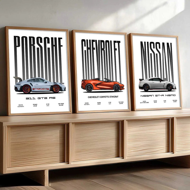 Big Porsche 911 GT3 RS, Chevrolet Corvette, Nissan GTR Car Wall Art Paintings for Living Room Bedroom