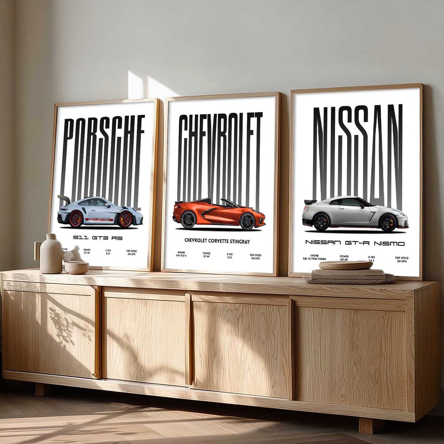 Big Porsche 911 GT3 RS, Chevrolet Corvette, Nissan GTR Car Wall Art Paintings for Living Room Bedroom