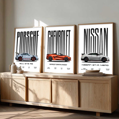 Big Porsche 911 GT3 RS, Chevrolet Corvette, Nissan GTR Car Wall Art Paintings for Living Room Bedroom