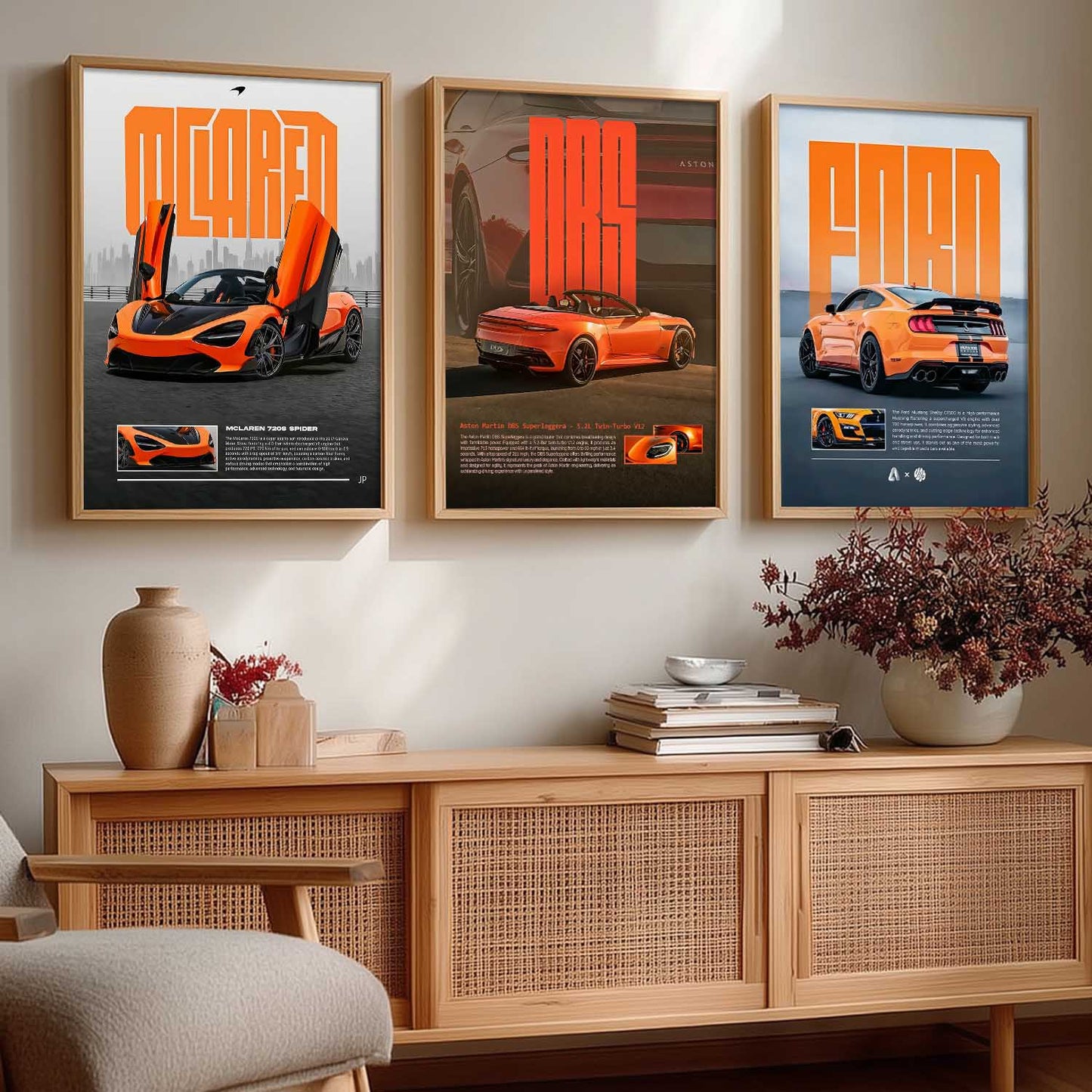 Big McLaren 720S Spider, Aston Martin, Ford Mustang Car Wall Art Paintings for Living Room Bedroom