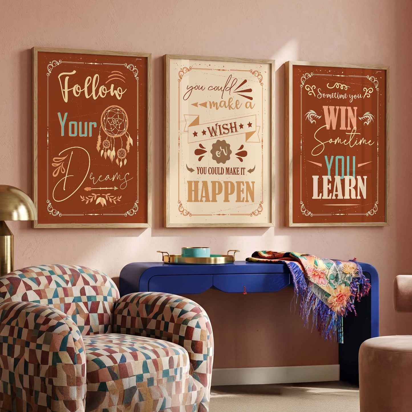 Bold Typography Motivational Quotes - Vintage Design Wall Art Set of 3 Framed Prints