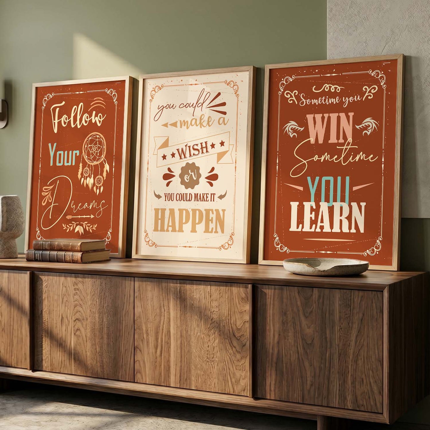 Bold Typography Motivational Quotes - Vintage Design Wall Art Set of 3 Framed Prints