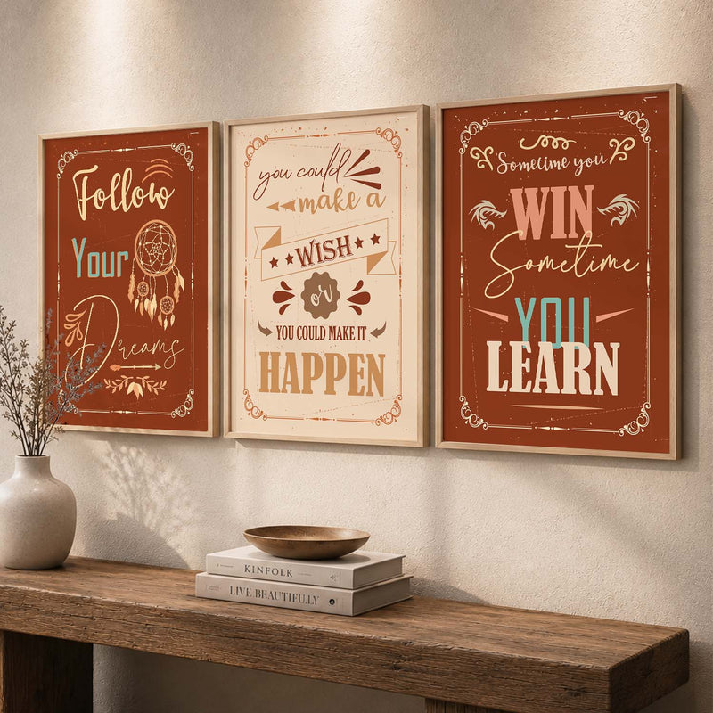 Bold Typography Motivational Quotes - Vintage Design Wall Art Set of 3 Framed Prints