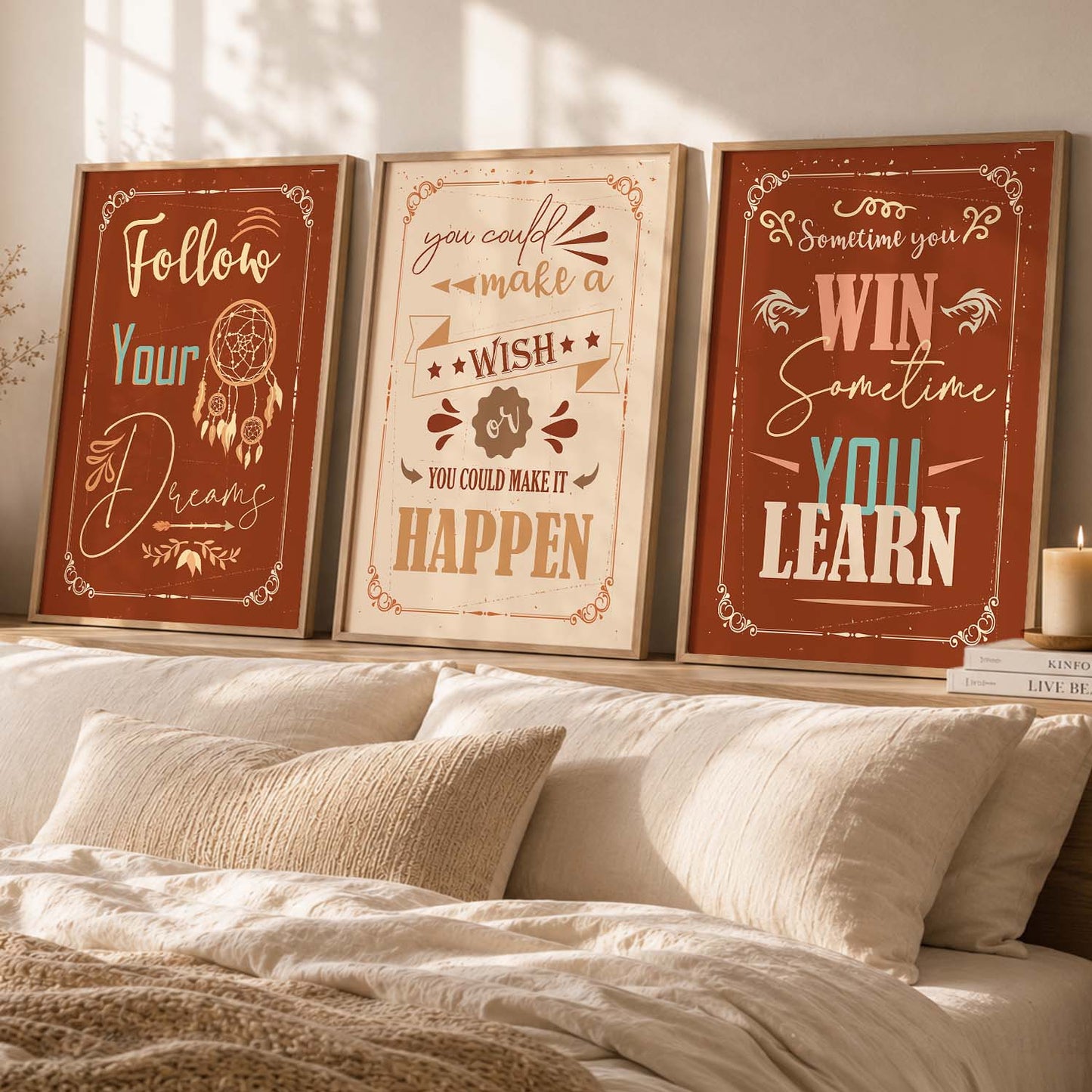 Bold Typography Motivational Quotes - Vintage Design Wall Art Set of 3 Framed Prints