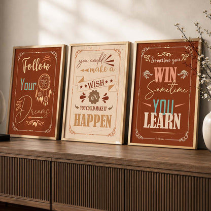 Bold Typography Motivational Quotes - Vintage Design Wall Art Set of 3 Framed Prints