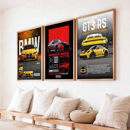 Big BMW M4, Nissan GTR, Porsche GT3 RS Car Wall Art Paintings for Living Room Bedroom