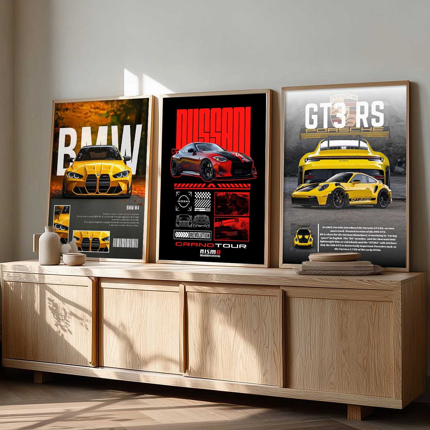 Big BMW M4, Nissan GTR, Porsche GT3 RS Car Wall Art Paintings for Living Room Bedroom