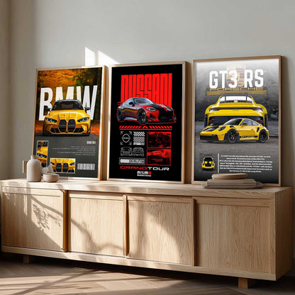 Big BMW M4, Nissan GTR, Porsche GT3 RS Car Wall Art Paintings for Living Room Bedroom