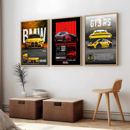 Big BMW M4, Nissan GTR, Porsche GT3 RS Car Wall Art Paintings for Living Room Bedroom