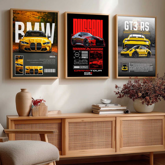 Big BMW M4, Nissan GTR, Porsche GT3 RS Car Wall Art Paintings for Living Room Bedroom