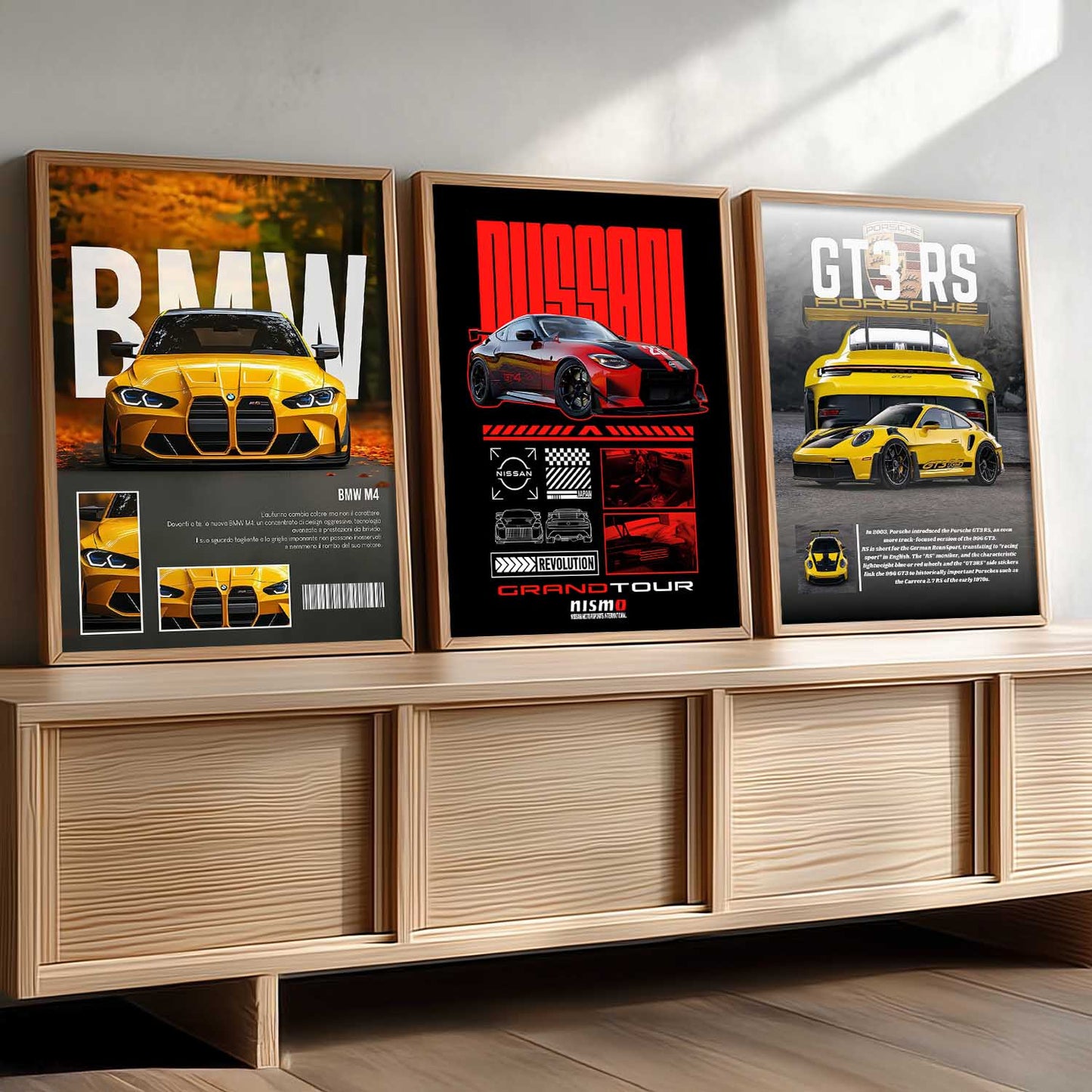 Big BMW M4, Nissan GTR, Porsche GT3 RS Car Wall Art Paintings for Living Room Bedroom