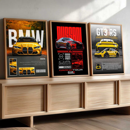 Big BMW M4, Nissan GTR, Porsche GT3 RS Car Wall Art Paintings for Living Room Bedroom