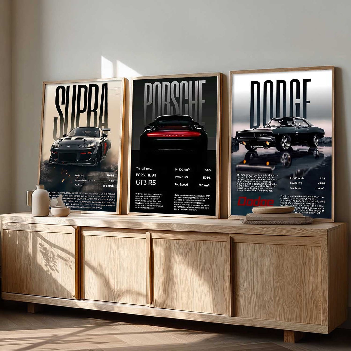 Big Toyota Supra, Porsche 911GT, Dodge Challenger Cars Wall Art Paintings for Living Room Bedroom