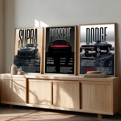 Big Toyota Supra, Porsche 911GT, Dodge Challenger Cars Wall Art Paintings for Living Room Bedroom
