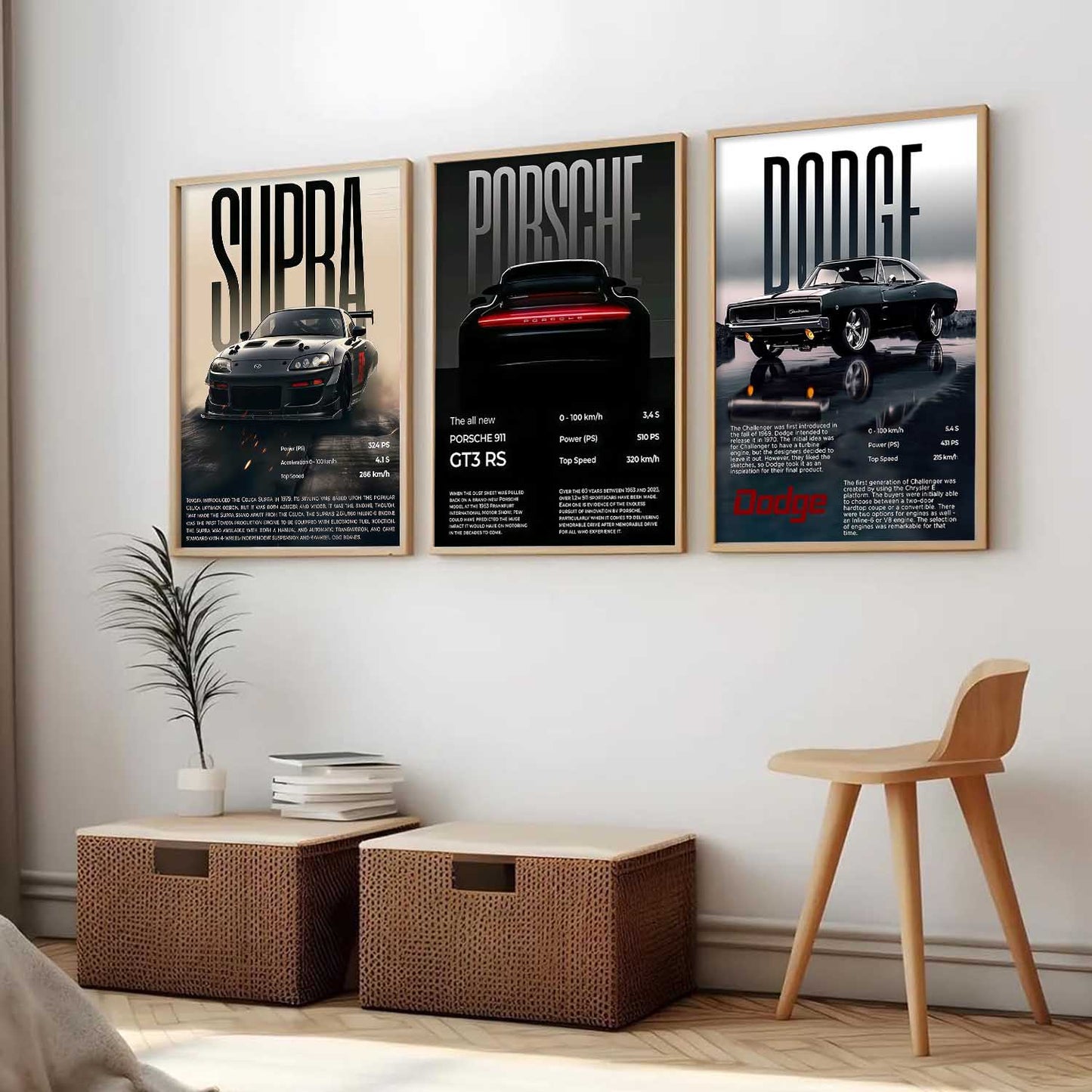 Big Toyota Supra, Porsche 911GT, Dodge Challenger Cars Wall Art Paintings for Living Room Bedroom