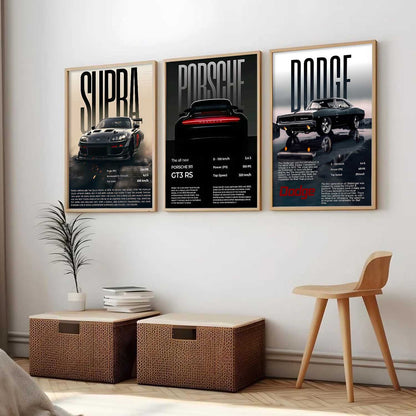 Big Toyota Supra, Porsche 911GT, Dodge Challenger Cars Wall Art Paintings for Living Room Bedroom