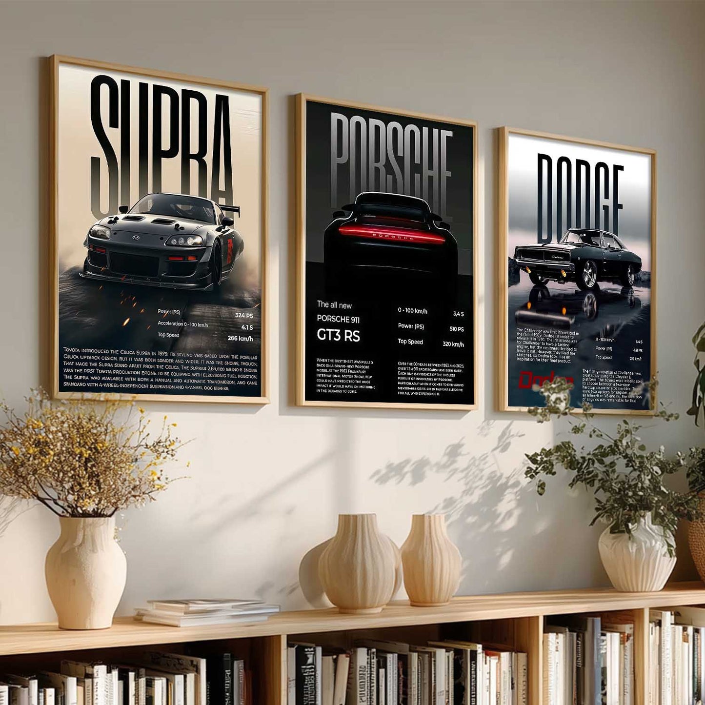 Big Toyota Supra, Porsche 911GT, Dodge Challenger Cars Wall Art Paintings for Living Room Bedroom