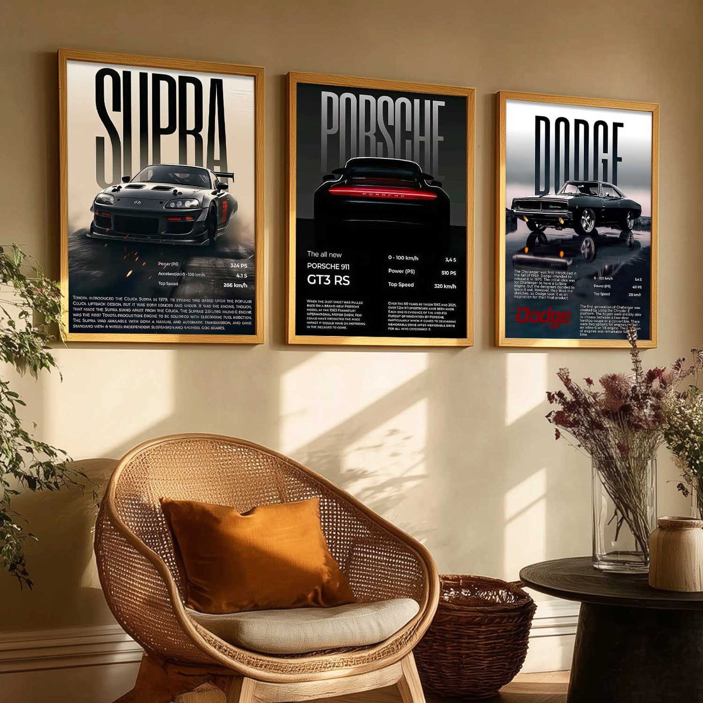 Big Toyota Supra, Porsche 911GT, Dodge Challenger Cars Wall Art Paintings for Living Room Bedroom