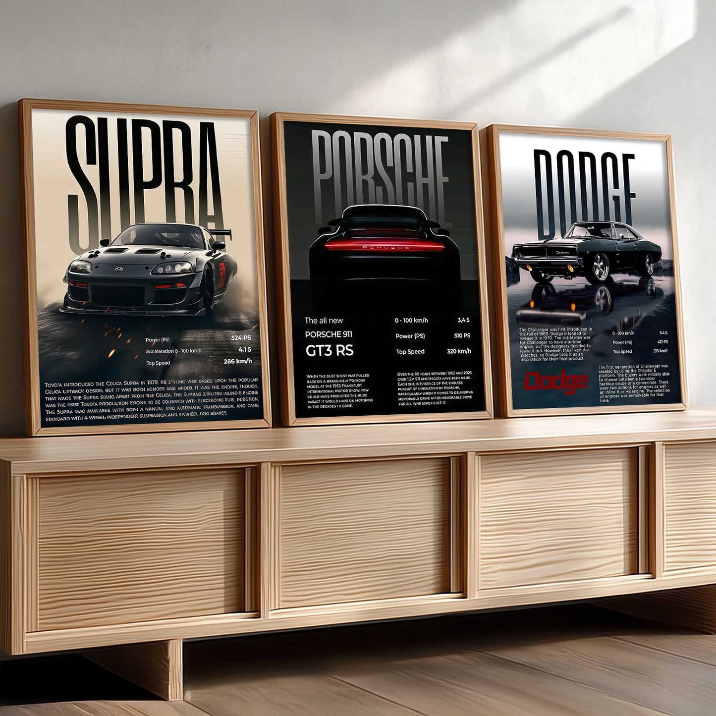 Big Toyota Supra, Porsche 911GT, Dodge Challenger Cars Wall Art Paintings for Living Room Bedroom