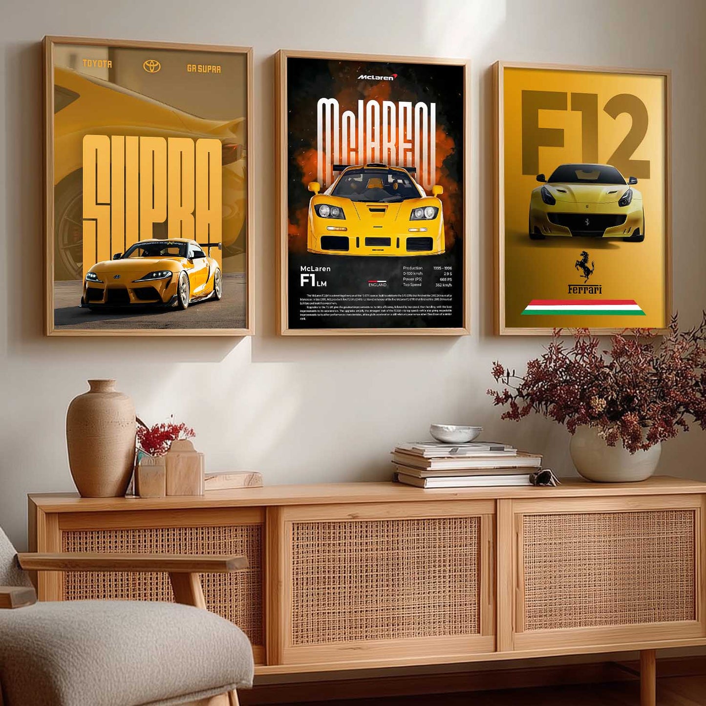 Big Ferrari F12, Supra, McLaren F1 LM Cars  Wall Art Paintings for Living Room Bedroom