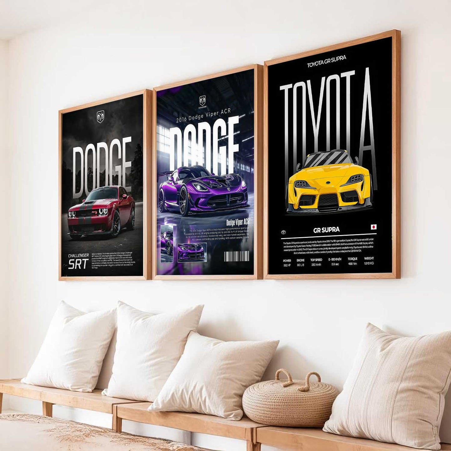 Big Dodge Challenger, Dodge Viper, Toyota Supra Cars Wall Art Paintings for Living Room Bedroom