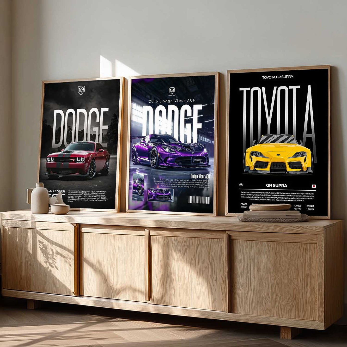 Big Dodge Challenger, Dodge Viper, Toyota Supra Cars Wall Art Paintings for Living Room Bedroom