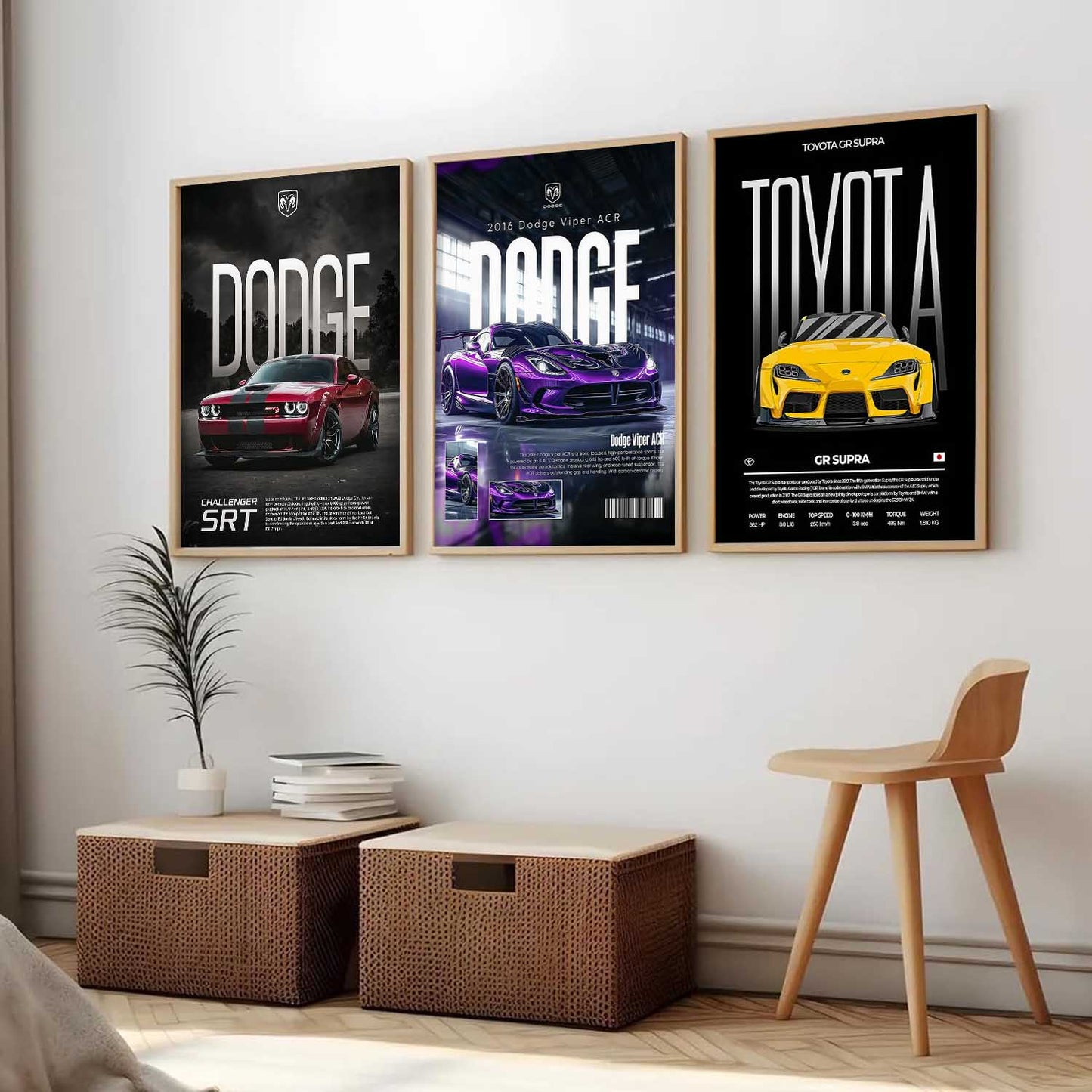 Big Dodge Challenger, Dodge Viper, Toyota Supra Cars Wall Art Paintings for Living Room Bedroom
