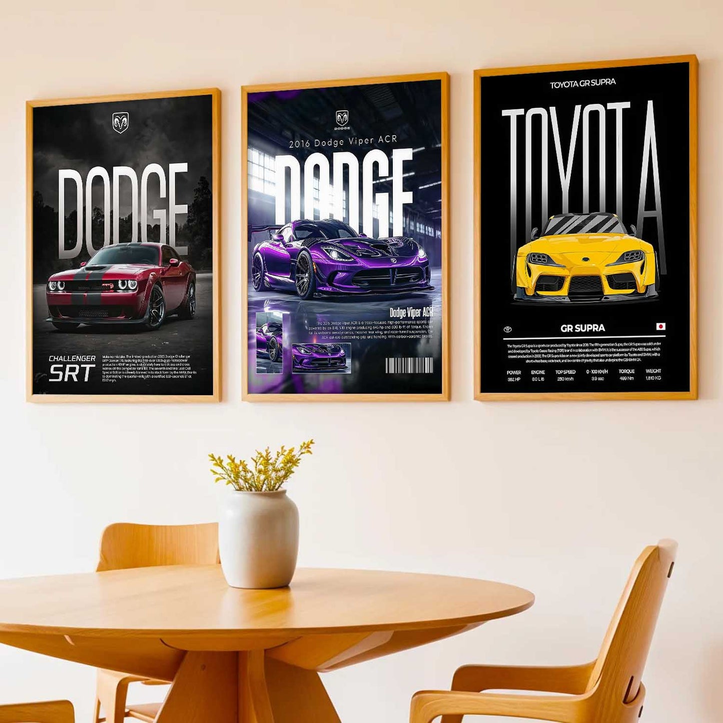 Big Dodge Challenger, Dodge Viper, Toyota Supra Cars Wall Art Paintings for Living Room Bedroom