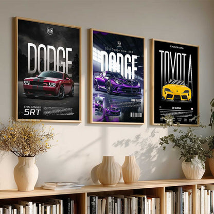 Big Dodge Challenger, Dodge Viper, Toyota Supra Cars Wall Art Paintings for Living Room Bedroom