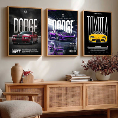 Big Dodge Challenger, Dodge Viper, Toyota Supra Cars Wall Art Paintings for Living Room Bedroom