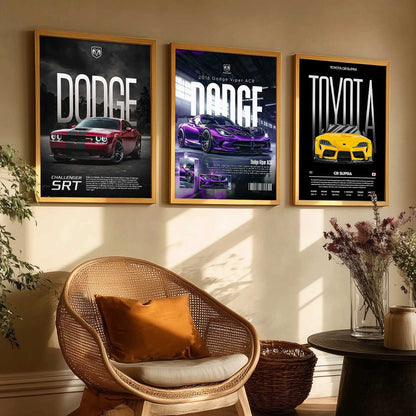Big Dodge Challenger, Dodge Viper, Toyota Supra Cars Wall Art Paintings for Living Room Bedroom