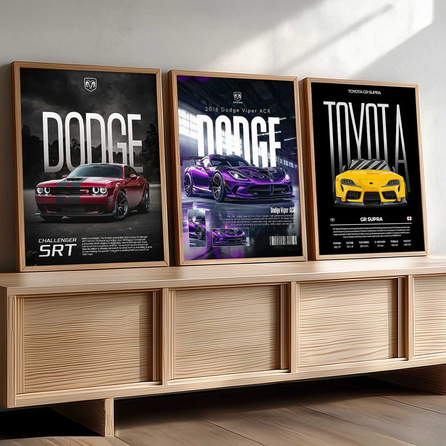Big Dodge Challenger, Dodge Viper, Toyota Supra Cars Wall Art Paintings for Living Room Bedroom