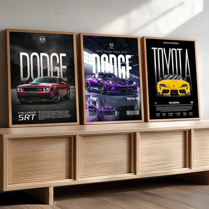 Big Dodge Challenger, Dodge Viper, Toyota Supra Cars Wall Art Paintings for Living Room Bedroom