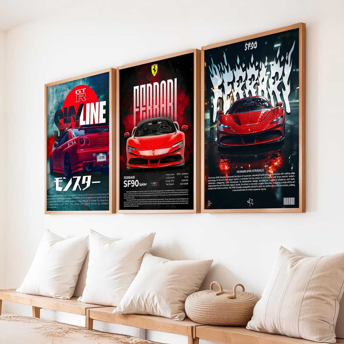 Big Ferrari SF90 Spider, Skyline GTR, Ferrari SF90 Stradale Cars Wall Art Paintings for Living Room Bedroom