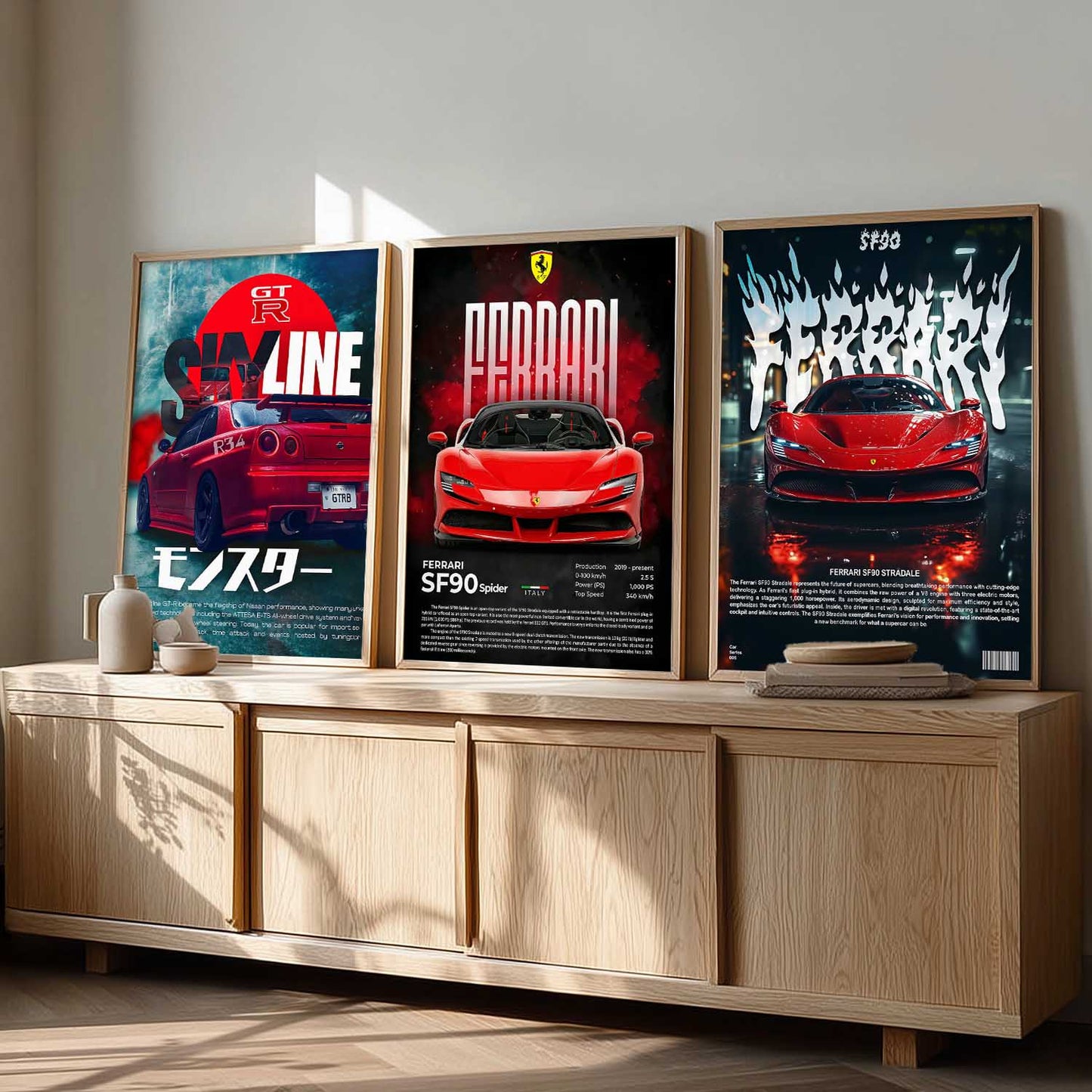 Big Ferrari SF90 Spider, Skyline GTR, Ferrari SF90 Stradale Cars Wall Art Paintings for Living Room Bedroom