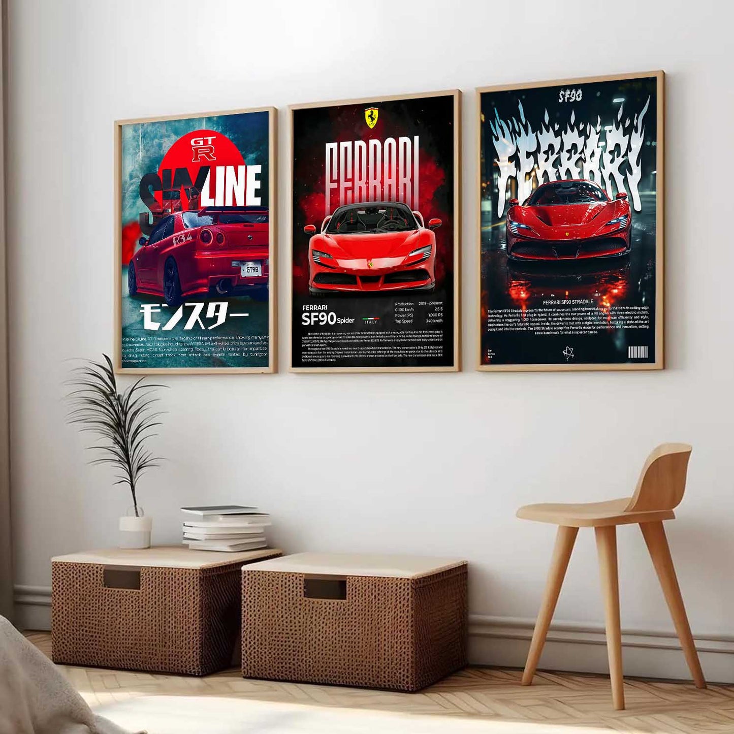Big Ferrari SF90 Spider, Skyline GTR, Ferrari SF90 Stradale Cars Wall Art Paintings for Living Room Bedroom