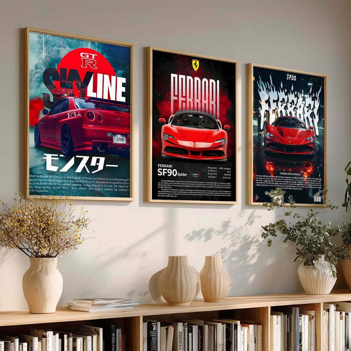 Big Ferrari SF90 Spider, Skyline GTR, Ferrari SF90 Stradale Cars Wall Art Paintings for Living Room Bedroom