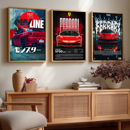 Big Ferrari SF90 Spider, Skyline GTR, Ferrari SF90 Stradale Cars Wall Art Paintings for Living Room Bedroom