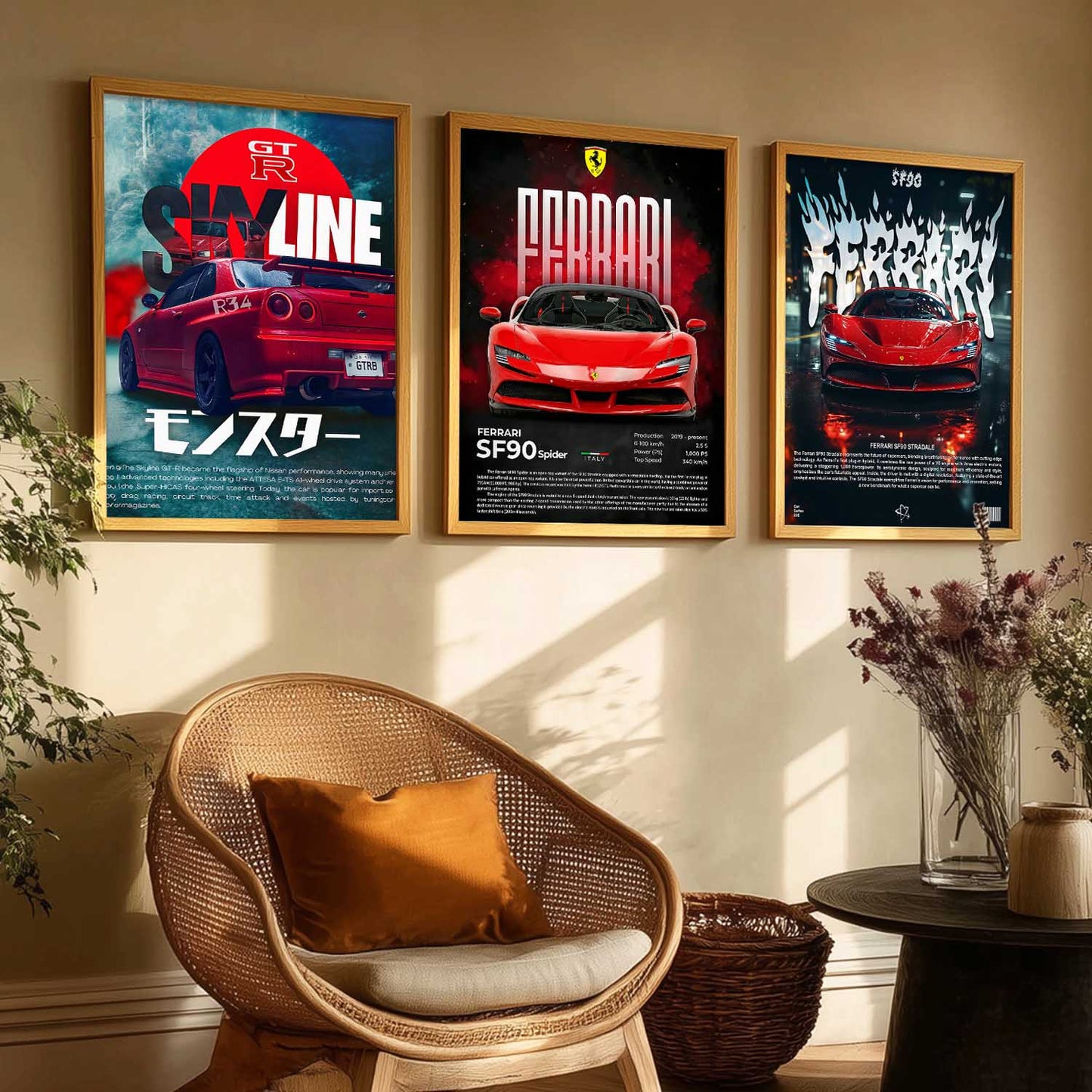Big Ferrari SF90 Spider, Skyline GTR, Ferrari SF90 Stradale Cars Wall Art Paintings for Living Room Bedroom